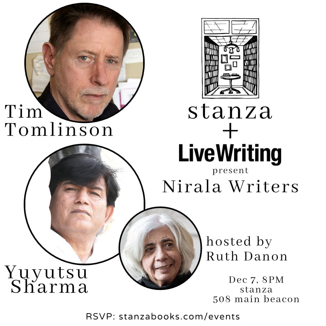 Reading on December 7 at Stanza Booksore /Live Writing event, Upstate Beacon, NY with Nirala Authors, Ruth Danon and Tim Tomlinson